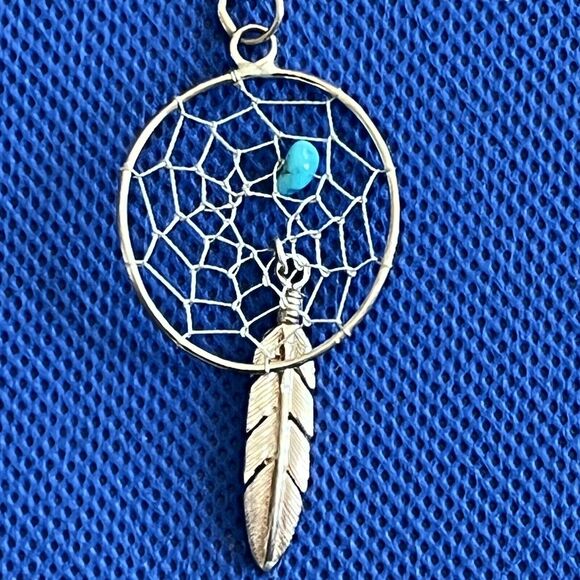 Dream Catcher Feather Turquoise Pendant Necklace Italian 925 Silver Vintage - Picture 2 of 5